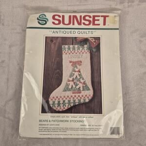 SUNSET Bears & Patchwork Stocking "Antiqued Quilts" Christmas Stitch Quilt Kit